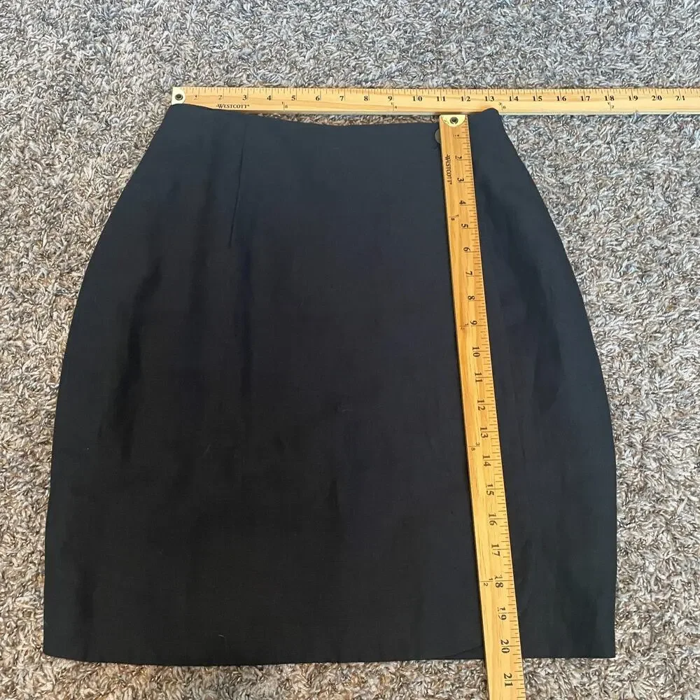Vintage Pencil Skirt Size 6 Black Solid Faux Wrap Linen Minimal Academia Preppy
